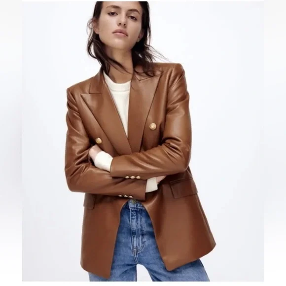 Zara Jackets Coats Zara Faux Leather Double Breasted Blazer